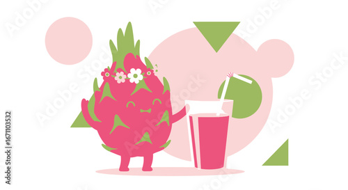 Delightful Dragon Fruit Character Enjoying a Refreshing Juice Drink in a Playful and Modern Design