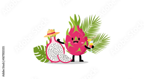 Delightful Dragon Fruits Enjoying Summer Drinks and Palm Leaves in Tropical Paradise