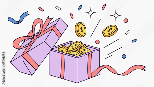 Gift box overflowing with gold coins festive celebration financial success illustration.