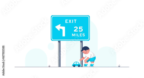 Child Playing With Toy Car Near Highway Exit Sign Depicting Directions And Miles To Go