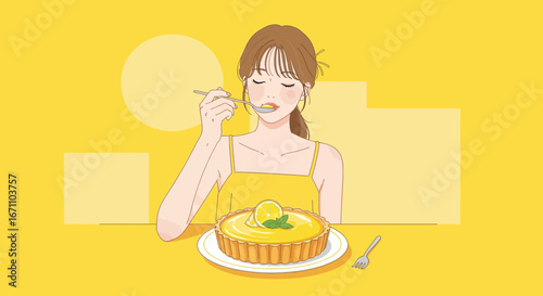 Delightful Illustration Of A Woman Savouring Lemon Tart In Vibrant Yellow Setting
