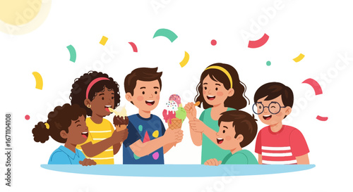 Children Enjoying Ice Cream Cones Together During a Festive Celebration of Summer
