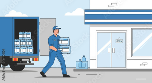 Delivery Driver Delivering Water Bottles To Shopfront With Fresh Supplies and Water