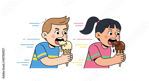 Children Enjoying Sweet Ice Cream Cones: A Delightful Cartoon Illustration