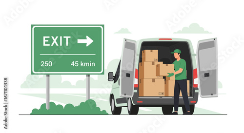 Delivery Service Near Exit Sign, Driver Loading Boxes, Distribution Transport Logistics Concept
