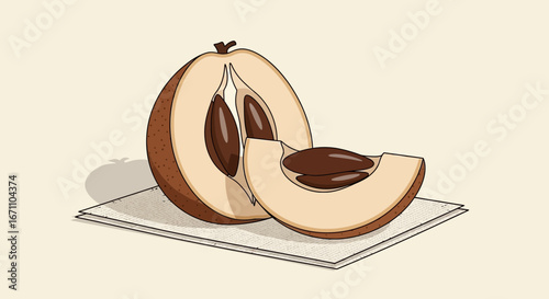 Detailed Illustration of Sapodilla Fruit, Cut Open to Reveal Seeds and Its Freshness