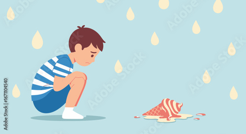 Disappointed Child Gazes Upon Melted Ice Cream, A Symbolic Representation Of Sadness