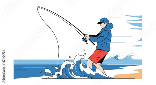 Coastal Angler Casting Line In Serene Waters With Artistic Graphic Interpretation