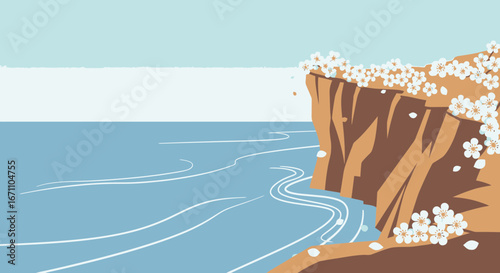 Coastal Cliffside Blooming With White Flowers on Sunny Day Minimalist Art Display