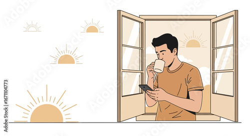 Early Morning Routine Involving Coffee, Mobile Phone, And Fresh Air, Simple Illustration
