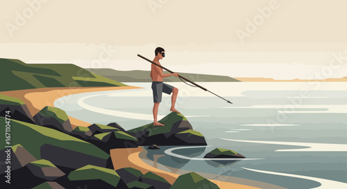  Coastal Scene Depicting Spearfisherman Standing on Rocks Near Ocean