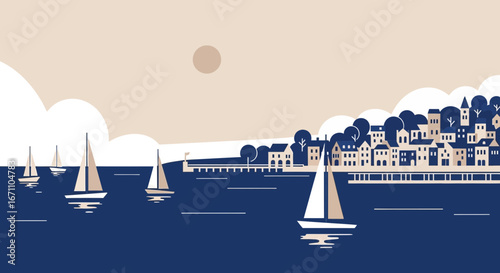 Coastal Townscape With Sailboats And A Tranquil Vibe Against A Beige Sky