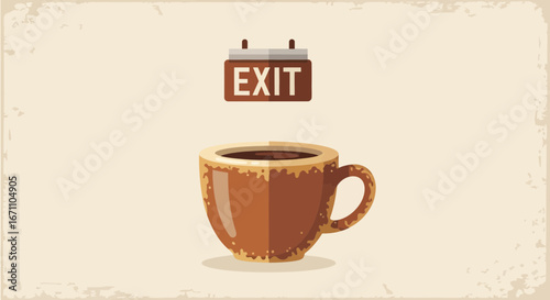 Coffee Break Concept Depicting An Exit Sign Above A Cup Of Coffee On Creamy Background