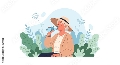 Elderly Lady Drinking Water In The Garden While Wearing Hat In Vector Illustration