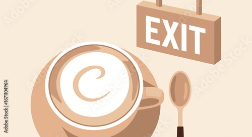 Coffee Cup Beside An Exit Sign, Indicating A Need For Caffeine Or Breaktime, No Ending