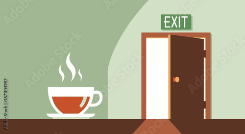 Coffee Cup Near Open Exit Door: A Conceptual Illustration Of Decisions and Departure.