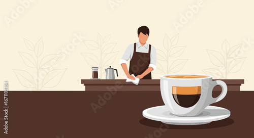 Coffee Shop Illustrated Scene Demonstrating Cafe's Atmosphere with Energetic Barista