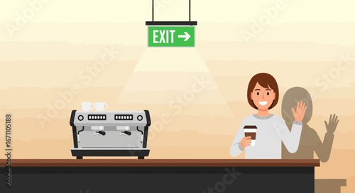 Coffee Shop Scene With Happy Person Standing Next To Professional Coffee Machine