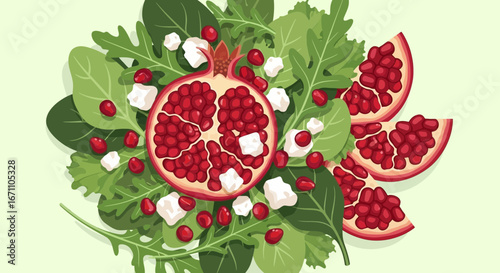 Colorful Fresh Salad with Pomegranate, Feta, and Leaves Representing Vibrant Healthy Eating