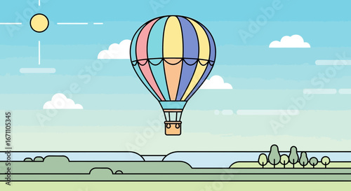 Colorful Hot Air Balloon Flight Above Green Fields And Blue Sky During A Sunny Day