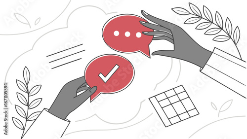 Communication concept Hands exchanging speech bubbles with check mark and ellipsis agreement approval feedback illustration.