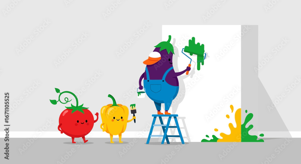 Naklejka premium Colorful Veggie Characters Painting, Funny Illustration For Children And Creative Projects