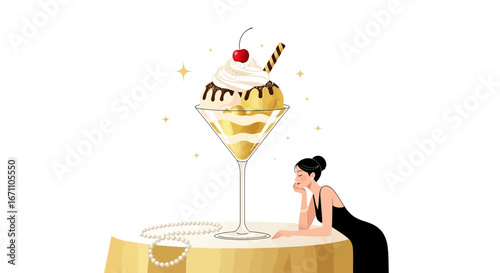 Elegant Woman Contemplating Luxurious Dessert Sundae, Indulgence, And Sophistication