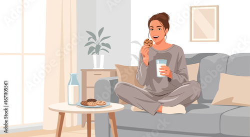 Comforting Moment: Woman Enjoying Cookies With Milk, Relaxing On The Couch At Home