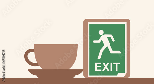Emergency Coffee Break Escape Concept With Sign Of Exit And Beverage Mug on Table