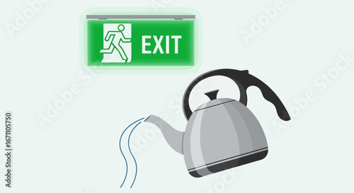 Emergency Exit Sign And Teapot Representing A Novel, Humorous, And Unexpected Scenario