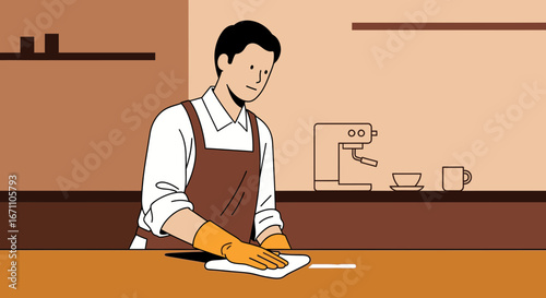 Employee In Apron Cleans The Table In Coffee Shop, Clean Cafe Workspace