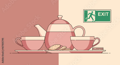 Emergency Tea Time Illustration Featuring Teacups Teapot And Exit Sign For Instant Evacuation