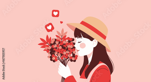 Enchanting Woman Admiring Blooms Amidst Floating Hearts, A Delicate Display Of Affection