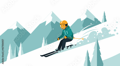 Energetic Skier Rushing Down Snowy Slope Beside Mountains in Winter Illustration