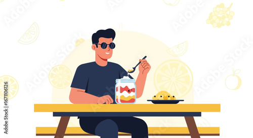 Enigmatic Man in Sunglasses Enjoying a Refreshing Dessert at an Outdoor Table