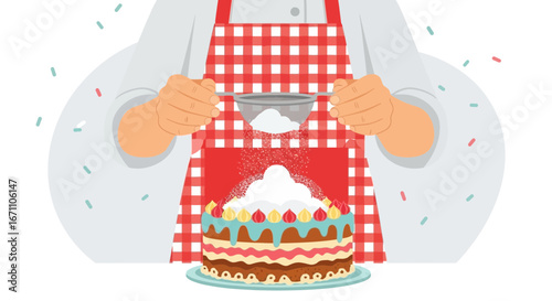 Confectioner Crafts Exquisite Cake, Applying Powdered Sugar With Precision and Grace
