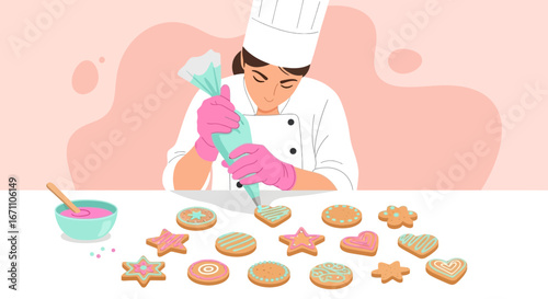 Confectioner Decorating Cookies With Icing On A White Table In A Sweet Design