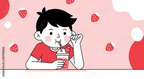 Enjoying A Refreshing Strawberry Smoothie, A Cartoon Illustration Concept