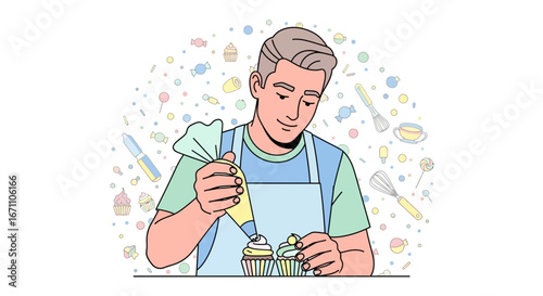 Confectioner Icing Cupcakes: A Sweet Illustration Of Baking and Culinary Arts