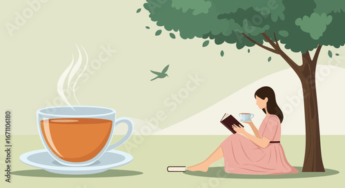 Enjoying A Relaxing Afternoon Reading And Drinking Tea Under A Shady Tree