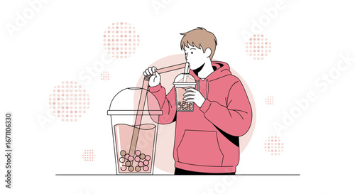 Enjoying Refreshing Boba Drink, Modern Illustration of Young Person, Beverage Delight