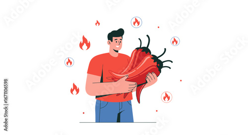 Enthusiastic Individual Holding A Trio Of Red Chili Peppers With Flame And Heat Symbols