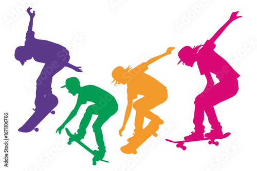 set of colorful Skateboarding trick silhouette vector