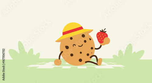 Cookie Character Enjoying Picnic, Holding Fresh Strawberry, Relaxing, Having Fun
