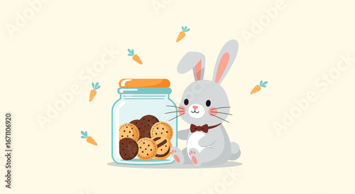 Cookie-Loving Cottontail Companion Beside a Jar Filled with Delicious Chocolate Chip Cookies