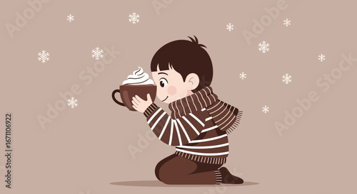 Cozy Winter Moment: A Young Person Delights in a Warm Beverage Amidst Snow