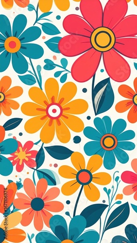 Vibrant Retro Floral Pattern with Bold Teal Orange and Red Blooms.