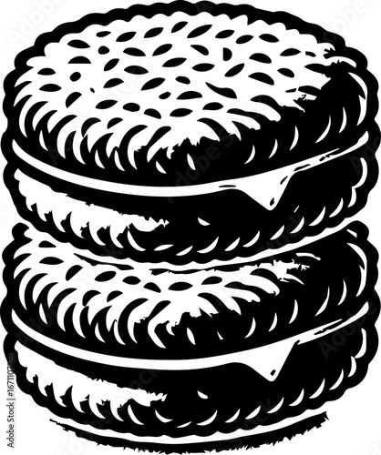 Illustration of a double decker sandwich with filling in black and white drawing style design art