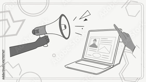 Digital Marketing Announcement Laptop Megaphone and Hand Gestures Illustration.