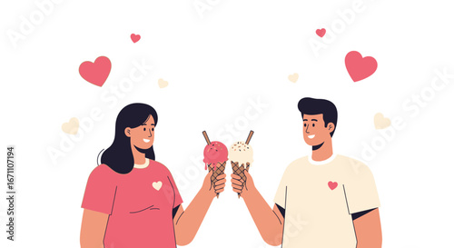 Couple Sharing Ice Cream, Hearts Symbolizing Love and Affection in Sweet Moment Forever
